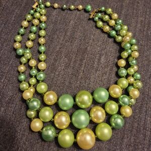 Vintage 1950s Green Yellow Bead Necklace Multi Strand Mid Century Statement